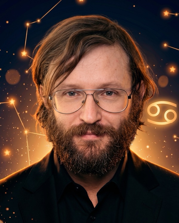 Станислав Дробышевский — портрет с глифом Рака для фан-превью эпизода шоу «Натальная карта» с разбором натальной карты антрополога МГУ и популяризатора науки (Рак, Луна в Близнецах)