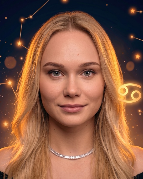 Ангелина Мельникова — портрет с глифом Рака для фан-превью эпизода шоу «Натальная карта» с разбором натальной карты олимпийской чемпионки по спортивной гимнастике (Рак, Луна в Водолее)